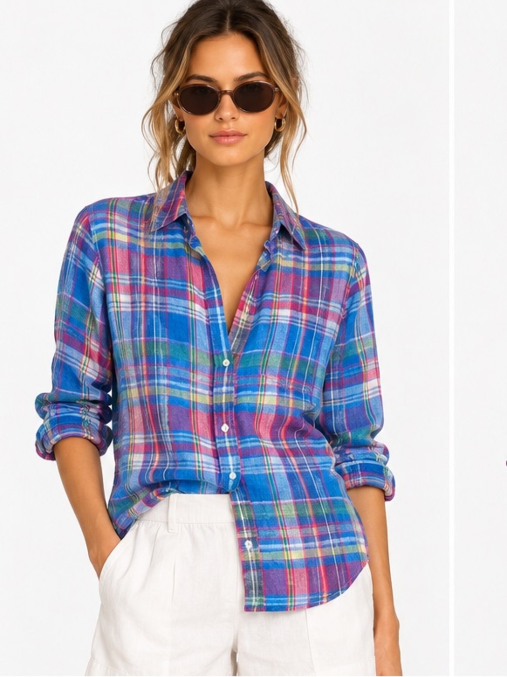 Frank & Eileen Barry 100% Italian Linen Plaid Button Down Shirt Blue Pink Size S